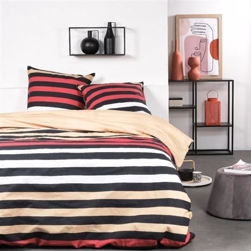 Parure de lit Sunshine - 240x220 cm - 2 personnes - Coton imprimé rayé