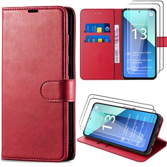 Coque pour Xiaomi Redmi Note 13 4G (pas pour 5G) + 2 Verres Trempés, Etui Folio Effet Cuir avec Béquille Réglable, Rouge - BOOLING - 1