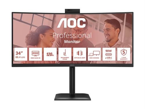 AOC CU34E4CW - LED-monitor - gebogen - USB - 34" - 3440 x 1440 UWQHD - VA - 350 cd/m² - 3500:1 - HDR10 - 4 ms - 2xHDMI, DisplayPort - luidsprekers - zwart