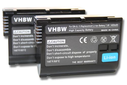 vhbw 2x Batteries compatible avec Nikon D810a, D850, Z6, Z7, D800E, D8000, Z5, Z6 II, Z7 II, D810, Z8 appareil photo (1400mAh, 7V, Li-ion), puce d in