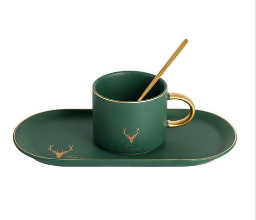 Ensemble tasse de café porcelaine avec sous-tasse vert foncé