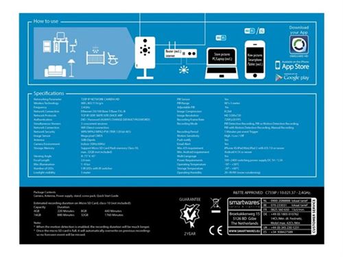 Smartwares C733IP - Caméra de surveillance réseau - couleur (Jour et nuit) - 1 MP - 1280 x 720 - 720p - Focale fixe - audio - sans fil - Wi-Fi - LAN 10/100 - H.264 - CC 5 V