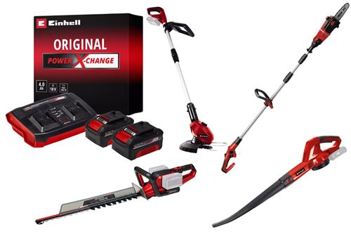 Kit jardin sans fil Einhell - Coupe-bordure, souffleur, taille-haies, &eacute;brancheur + 2 batteries 4.0Ah