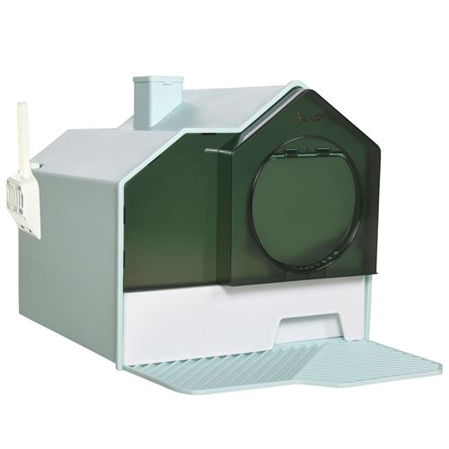 Comparer les prix de Maison de toilette chat design maisonnette porte battante pelle filtre tapis bleu
