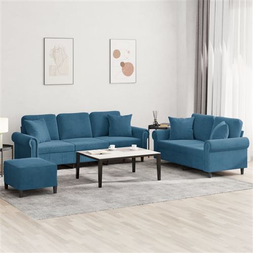 vidaXL - Ensemble de Salon 3 Pièces - Velours - Bleu - Image 2