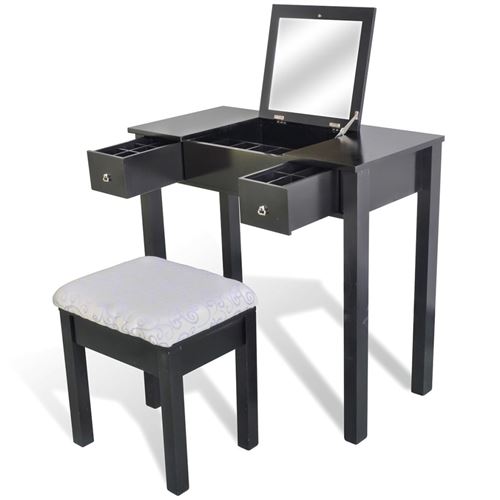 vidaXL Kaptafel met krukje en 1 spiegel zwart