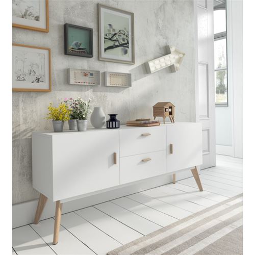 Buffet 2 tiroirs et 2 portes en bois laqué blanc semi-mat et chêne ZUMA
