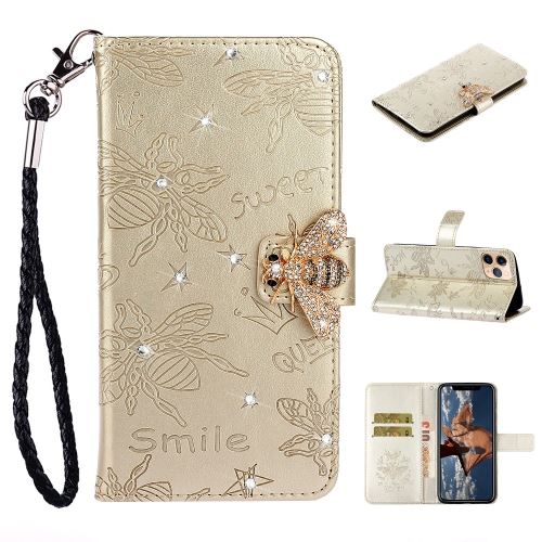 Etui en PU motif strass d'abeille or pour votre Apple iPhone 11 Pro Max 6.5 pouces
