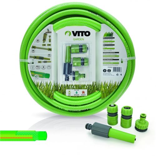 Tuyau d'arrosage jardin VITO PVC renforcé 10 m diam 15mm lance multi jet + 2 raccords + nez de robinet