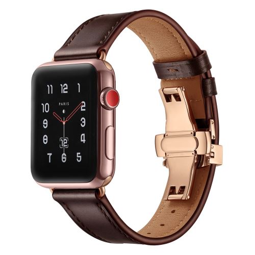 Bracelet en cuir véritable boucle en or rose/marron foncé pour votre Apple Watch Series 5/4 44mm/Series 3/2/1 42mm