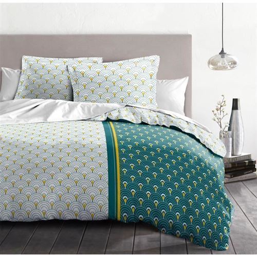 Home Linge Passion Parure De Couette Rainbow - 1 Housse De Couette 220 X 240 Cm + 2 Taies 65 X 65 Cm - Bleu-vert , Curry Et Blan