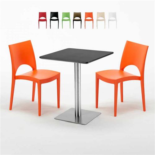 Table carrée 60x60 pied acier et plateau noir avec 2 chaises colorées Paris Pistachio, Couleur: Orange