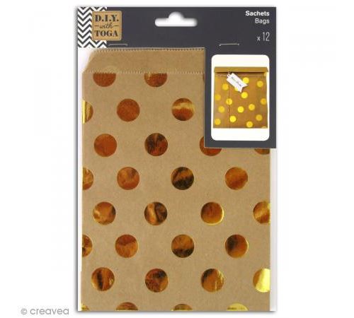 Sachet cadeau papier kraft - Marron à pois dorés - 13 x 18 cm - 12 pcs