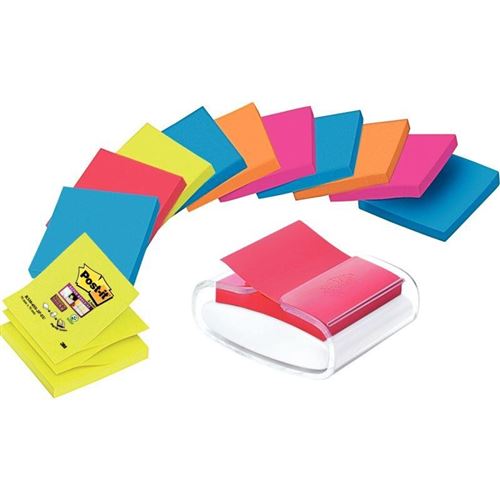 Post It Distributeur blanc de Z-Notes Pro Desk avec Z-Notes 76 x 76 mm Collections Bangkok et Bora-Bora Couleurs Assorties 12 x 100 feuilles PRO-W-12SSCOL-R330 - vue 1
