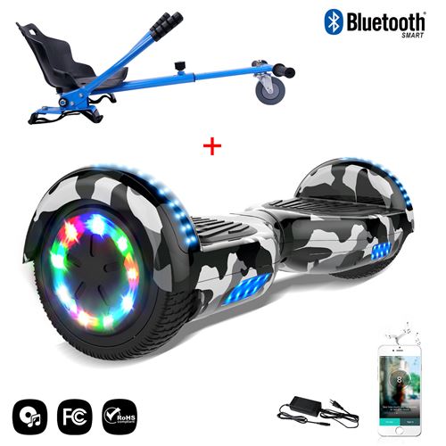 Cool&Fun Hoverboard 6.5 Pouces, Gyropode avec Bluetooth et Pneu à LED de couleur Camouflage + Hoverkart Bleu - Kit Kart
