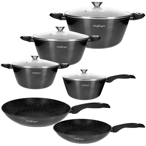 Non Communiqué Noir Ensemble De Cuisine 10 Pièces 3 Marmites/2 Poêles/1 Casserole Revêtu En Marbre Cheffinger