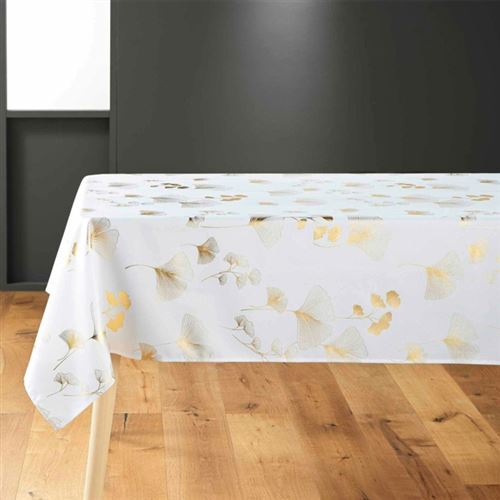 Nappe Imprimé Métallisé "Bloomy" 150x300cm Blanc & Or
