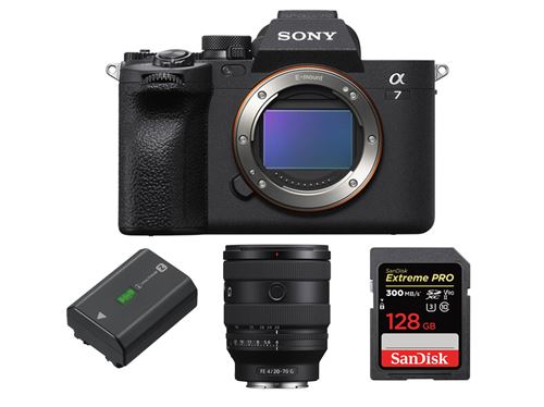 Boîtier Noir Sony Alpha A7 Mark IV FE 20-70 mm F4 G + Batterie rechargeable Sony NP-FZ100 série Z + SanDisk 128GB Extreme PRO UHS-II SDXC 300 MB/s