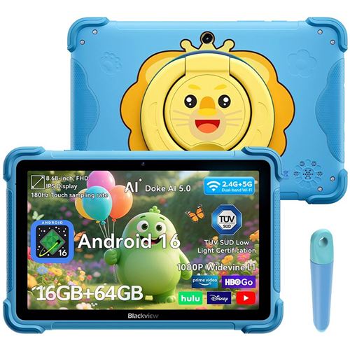 Blackview Link 1 Kids Tablette Tactile, Tablette Enfants Android 16 , 12 Go + 64 Go, 8.68 " , Affichage Hd +, 5Mp + 8Mp, Google Kids Space & Parental Control, Bleu