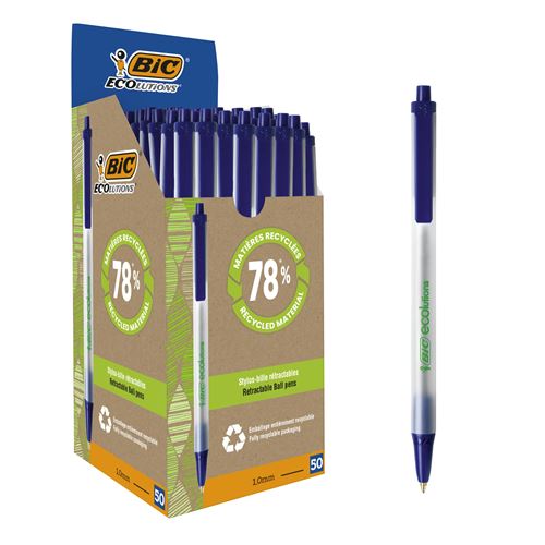 Non Communiqué Bleu Bic Clic Stic Ecolutions Stylos-Bille Rétractables Pointe Moyenne (1,0 Mm) - Boîte De 50