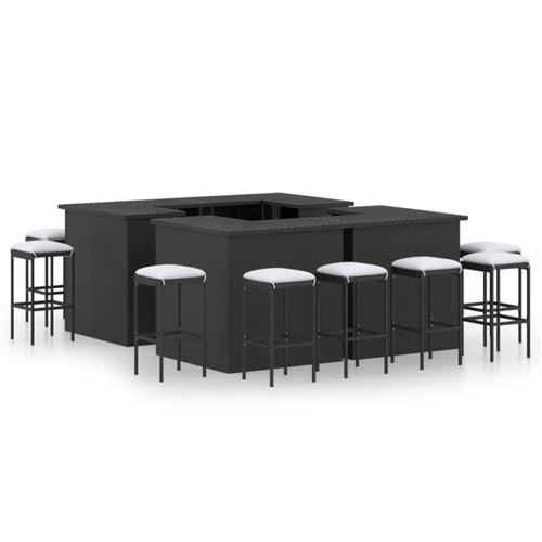 Vidaxl meuble de bar de jardin 16 pcs et coussins r&eacute;sine tress&eacute;e noir