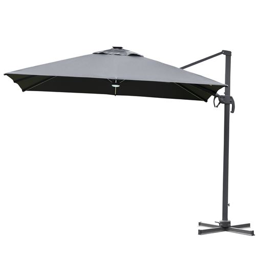 Parasol déporté carré parasol LED inclinable pivotant 360° manivelle piètement acier dim. 3L x 3l x 2,66H m gris
