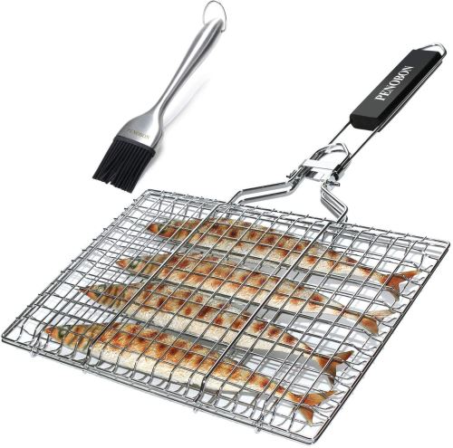 penobon Panier à Poisson Pliable Portable en Acier Inoxydable avec poignée Amovible, Brosse à badigeonner et Sac de Rangement