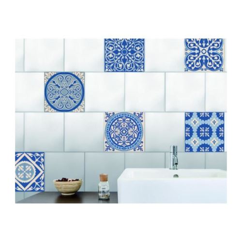 plage sticker déco carrelage - carreaux de ciment bleu/6 planches 15 x 15 cm