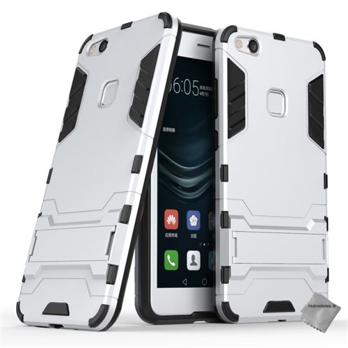 Housse etui coque rigide anti choc pour huawei p10 lite + verre trempe - argent
