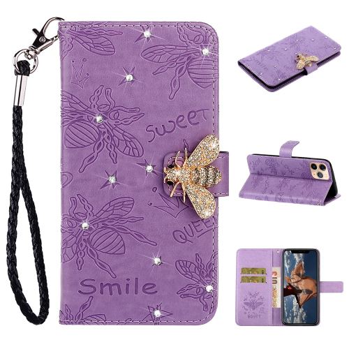 Etui en PU motif strass d'abeille violet pour votre Apple iPhone 11 Pro Max 6.5 pouces