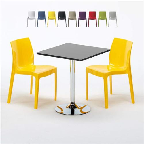 Table Carrée Noire 70x70cm Avec 2 Chaises Colorées Grand Soleil Set Intérieur Bar Café Ice Mojito, Couleur: Jaune
