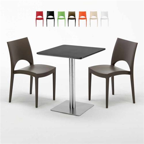 Table carrée 60x60 pied acier et plateau noir avec 2 chaises colorées Paris Pistachio, Couleur: Marron