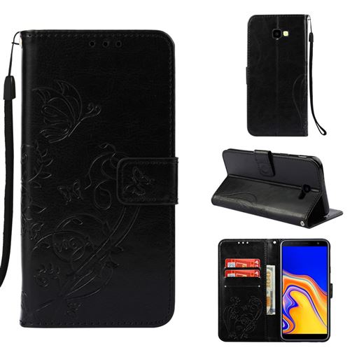 Etui en PU motif fleur papillon noir pour votre Samsung Galaxy J4 Plus/J4 Prime