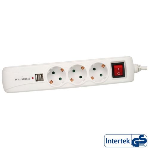 Barrette d'alimentation InLine® 5 ports 3x Type F allemand + 2x port USB avec interrupteur et sécurité enfants blanc 1,5 m
