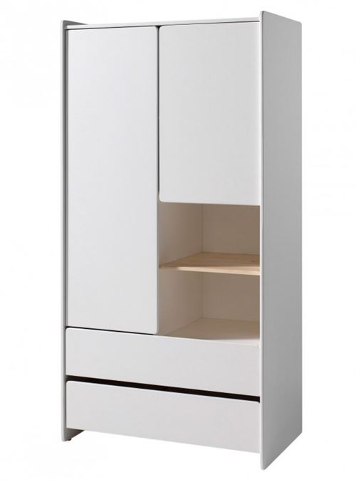 Vipack KIDDY Armoire 2 portes 2 tiroirs pin massif laqué blanc