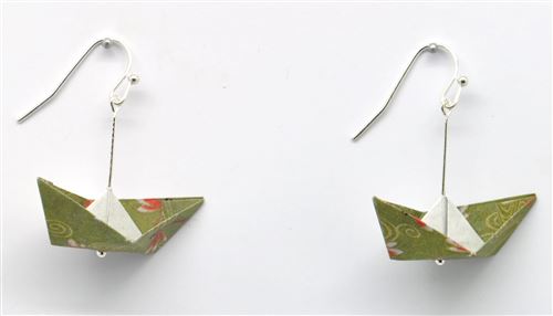Boucles d'oreille papier origami bateau kaki - the cocotte