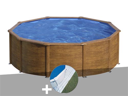 Kit piscine acier aspect bois Gré Pacific ronde 4,80 x 1,22 m + Tapis de sol