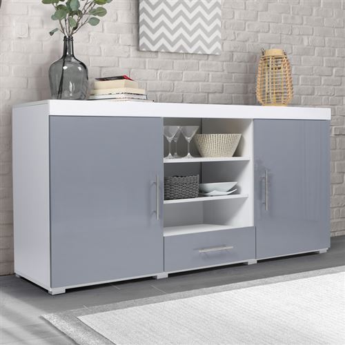 Buffet bas contemporain PORTLAND laqué blanc et gris