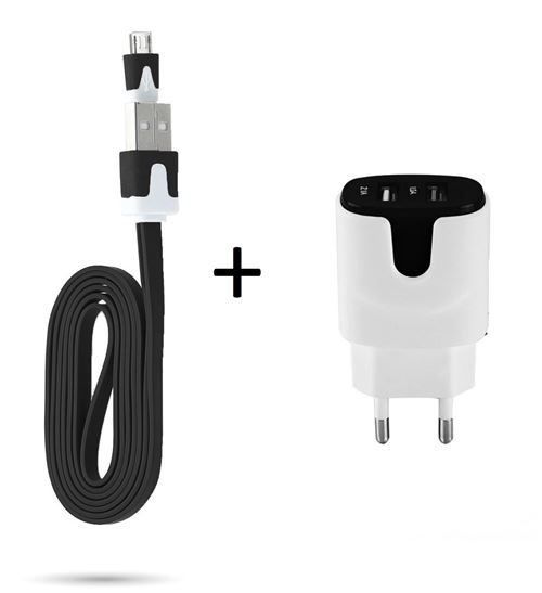 Pack Chargeur Pour Huawei P10 Lite Smartphone Micro-usb (cable Noodle 1m Chargeur + Double Prise Secteur Couleur Usb) Android (noir)