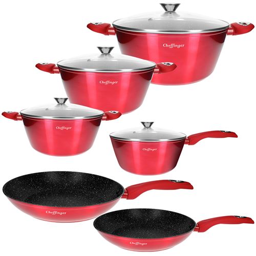 Non Communiqué Rouge Ensemble De Cuisine 10 Pièces 3 Marmites/2 Poêles/1 Casserole Revêtu En Marbre Cheffinger