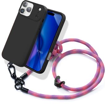 Coque iPhone 17 Pro Silicone Antichoc avec Cordon Détachable Noir Rose - 1