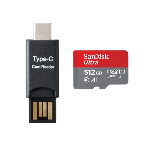 Carte Mémoire micro SDXC SanDisk Ultra 512 Go Vitesse de Lecture jusqu à 150MB/S Classe 10 U1 A1 Adaptateur SD et lecteur MICRO SDXC TYPC C inclus