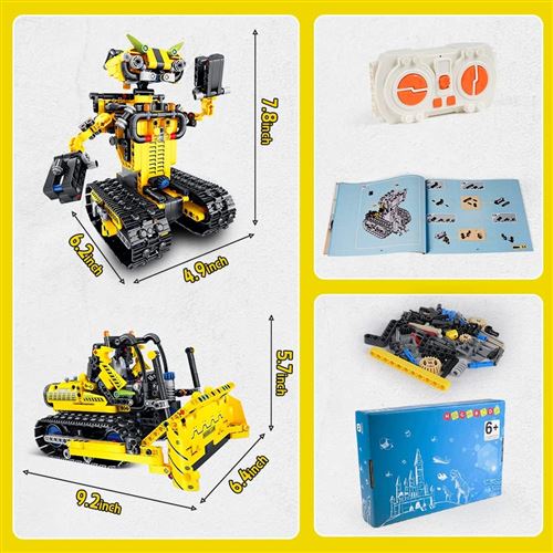 HOGOKIDS Robot Télécommandé 730 Pièces – Bulldozer 2 En 1, App, Moteur Rechargeable – Pour 8-12 Ans, Garçons/Filles