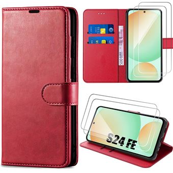 Coque Intégrale + 2 Verres Trempés pour Samsung Galaxy S24 FE (pas pour S24) - Protection Rabat Cuir Synthétique Rouge - BOOLING - 1