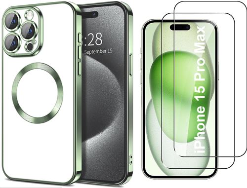 Coque Silicone Pour iPhone 15 Pro Max Couleur Vert Compatible Magsafe + 2 Verres Trempe Protection Ecran Little Boutik®