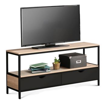 Meuble TV 113 cm BOSTON 2 tiroirs noirs design industriel - 1