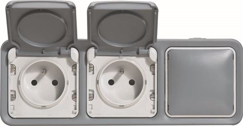 Double prise de courant 2p+t 16a + obturateur complet saillie plexo - gris