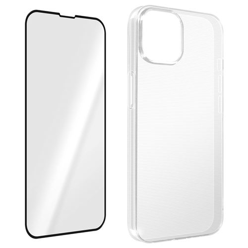 Coque pour iPhone 14 Silicone Souple et Film Verre Trempé 9H Avizar transparent contour noir