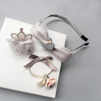 Ensemble Serre tête fantaisie, barrette et élastique assortis pour les bébé filles, fillette jusqu'à 10 ans (3 pièces) (Gris) - 1