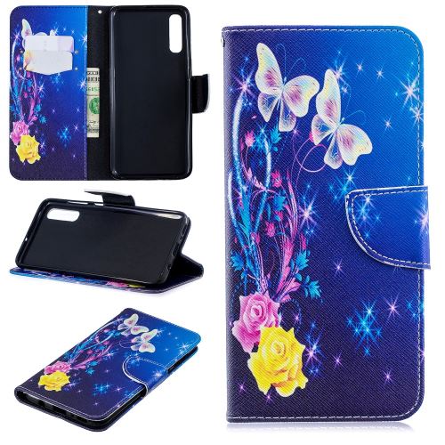 Etui en PU support motif imprimé roses et papillons pour votre Samsung Galaxy A70